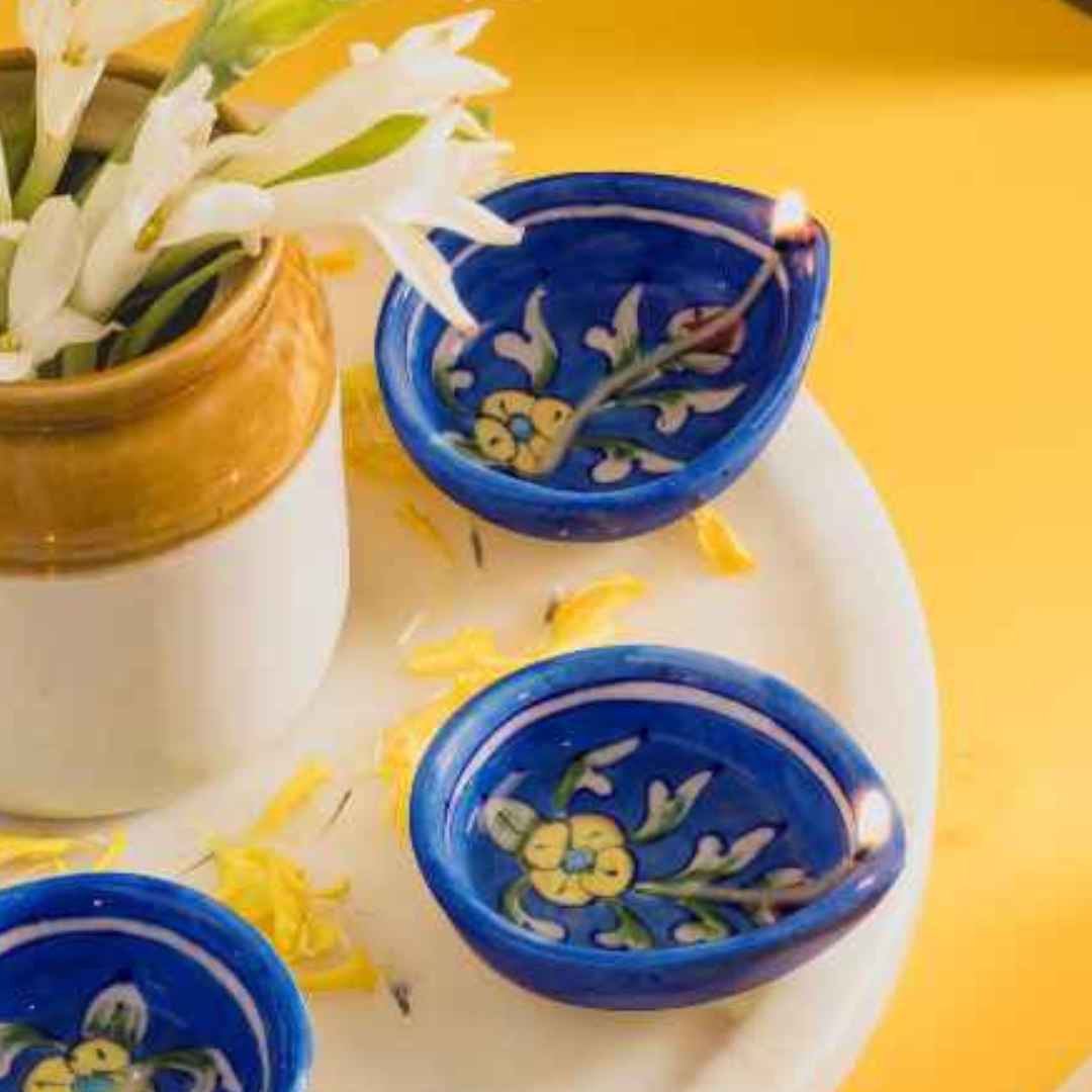 Tulip Blue Pottery Diya (Set Of 5)