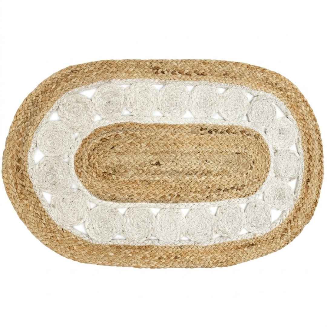 Natural and white braided oval jute mat with circular hoop pattern
