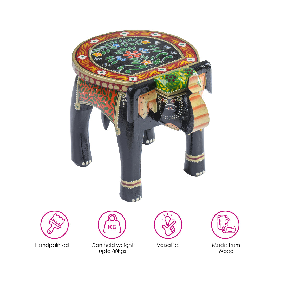 Black Colourful Handpainted Wooden Elephant Stool