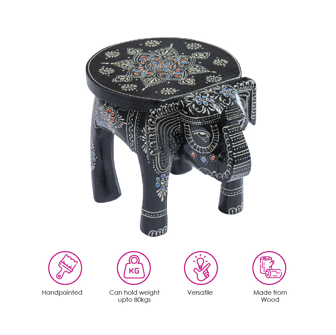 Black Handpainted Wooden Elephant Stool