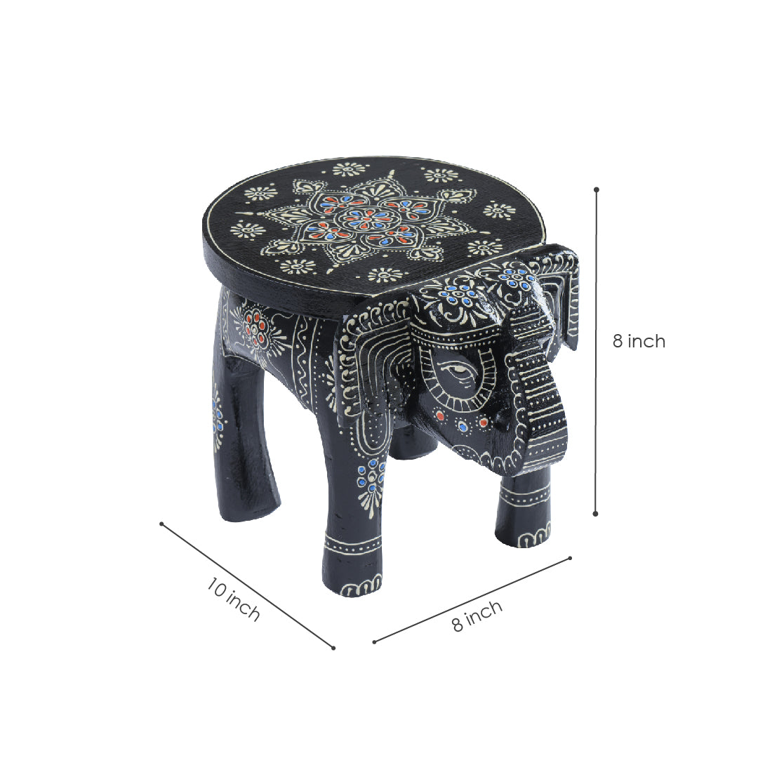 Black Handpainted Wooden Elephant Stool