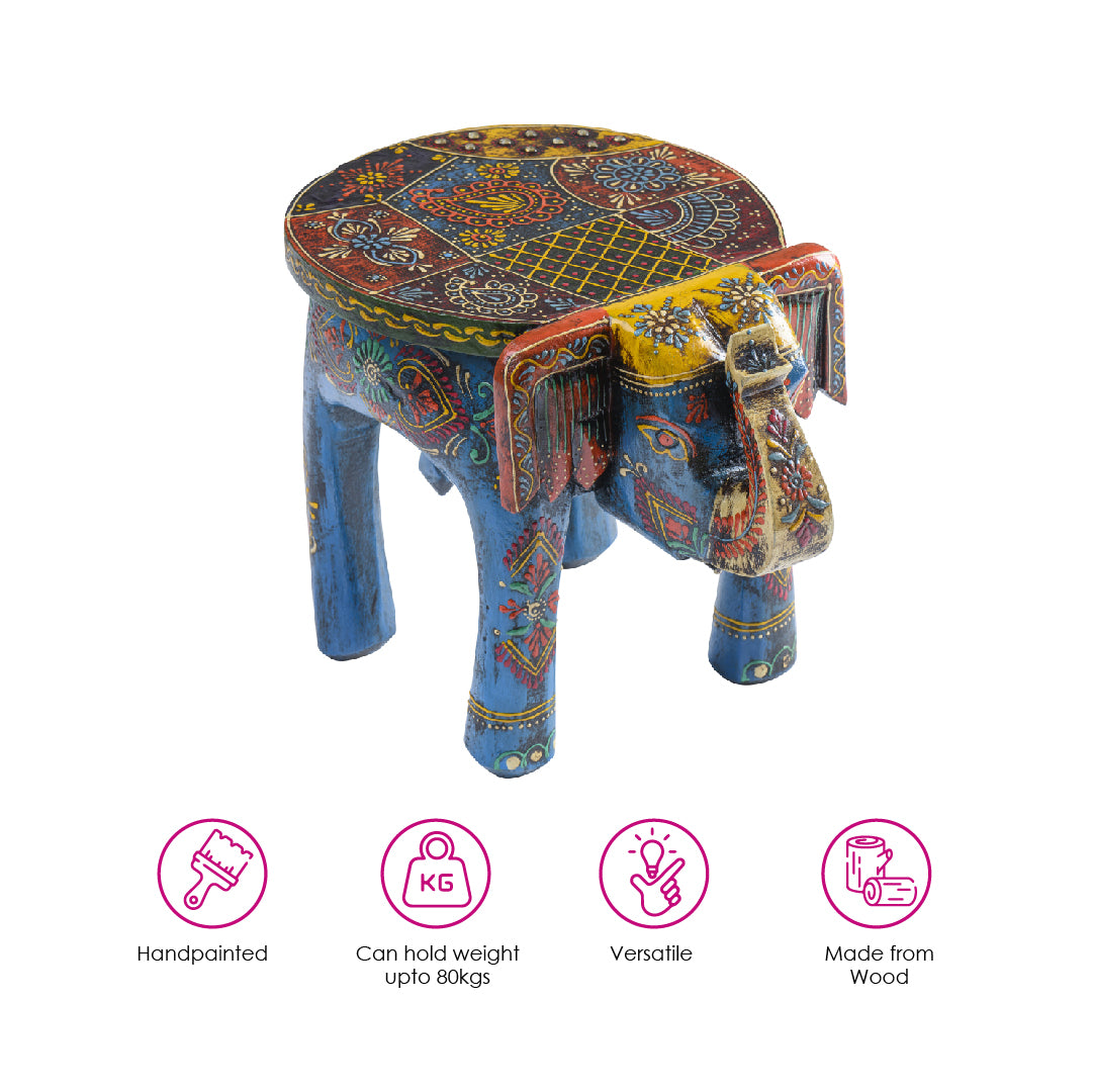 Blue Handpainted Wooden Elephant Stool