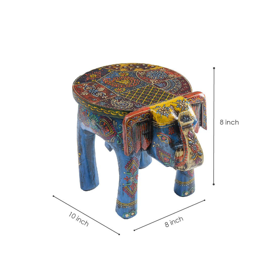 Blue Handpainted Wooden Elephant Stool