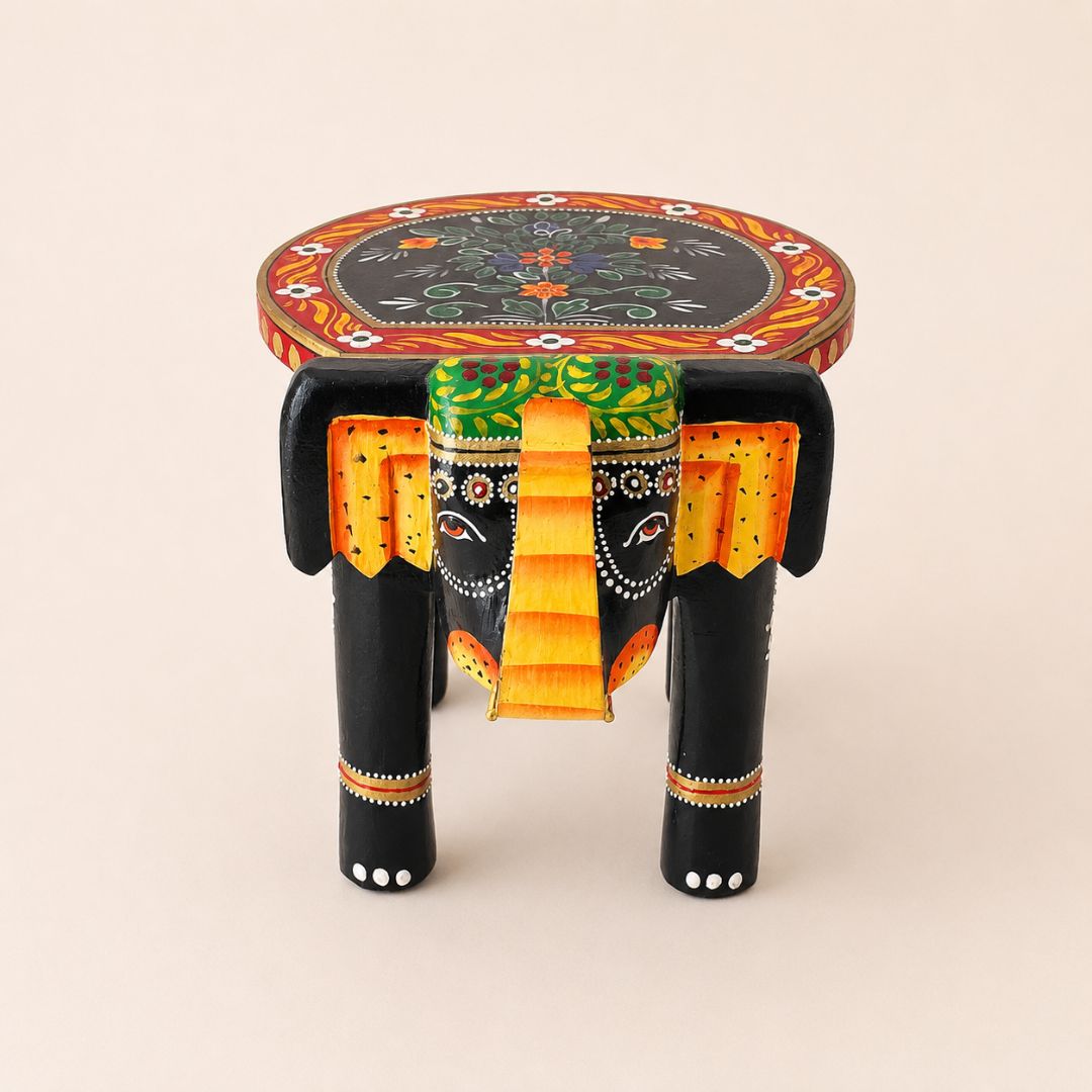 Black Colourful Handpainted Wooden Elephant Stool
