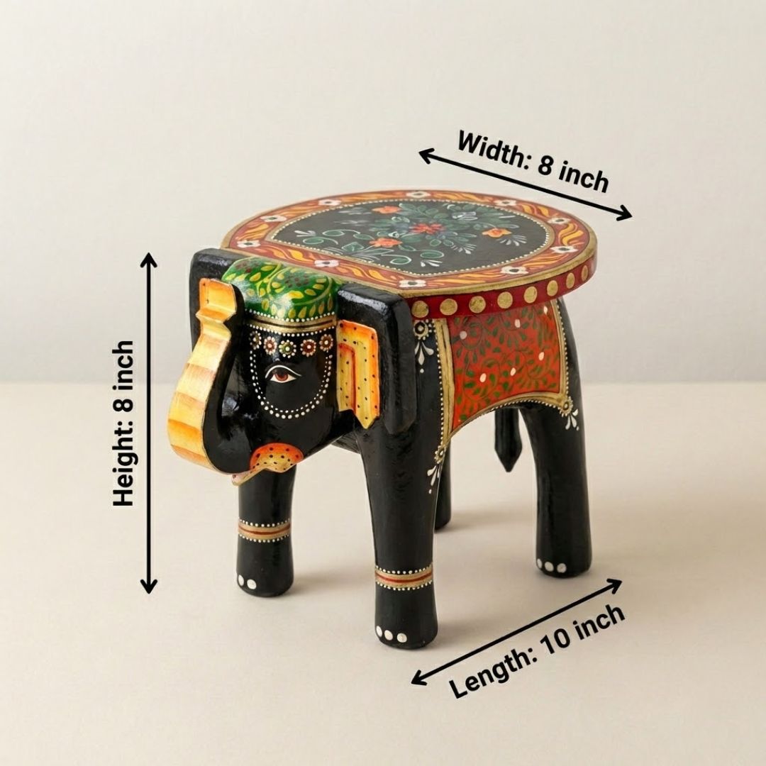 Black Colourful Handpainted Wooden Elephant Stool