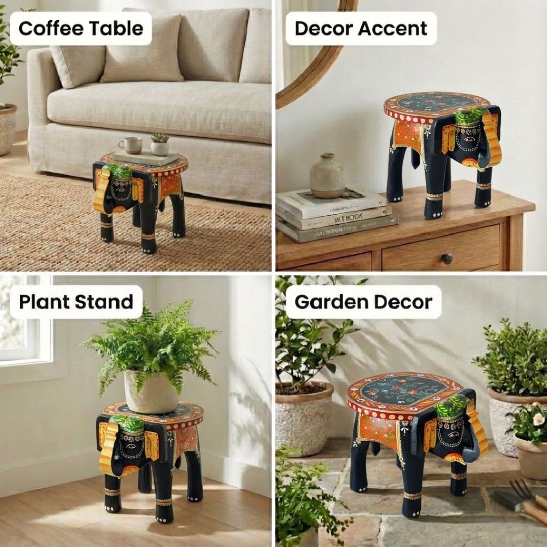 Black Colourful Handpainted Wooden Elephant Stool
