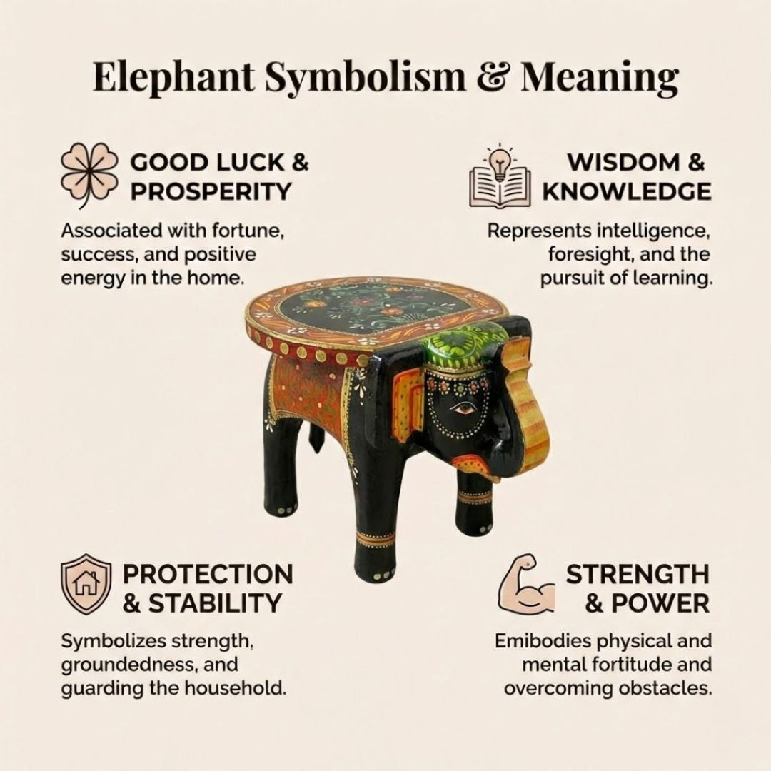 Black Colourful Handpainted Wooden Elephant Stool