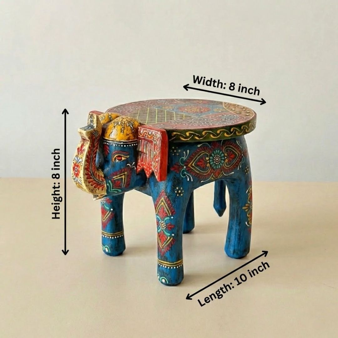 Blue Handpainted Wooden Elephant Stool