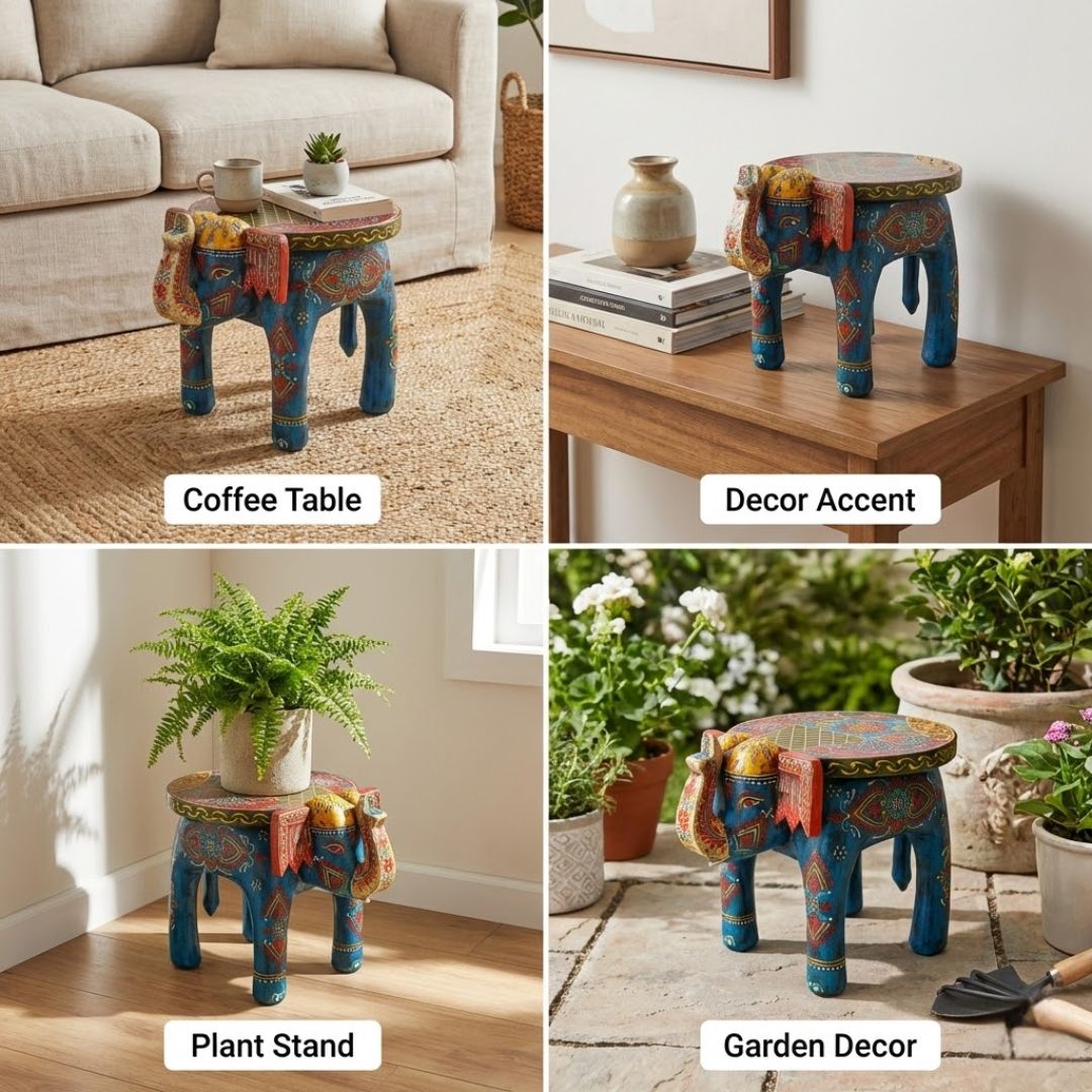 Blue Handpainted Wooden Elephant Stool