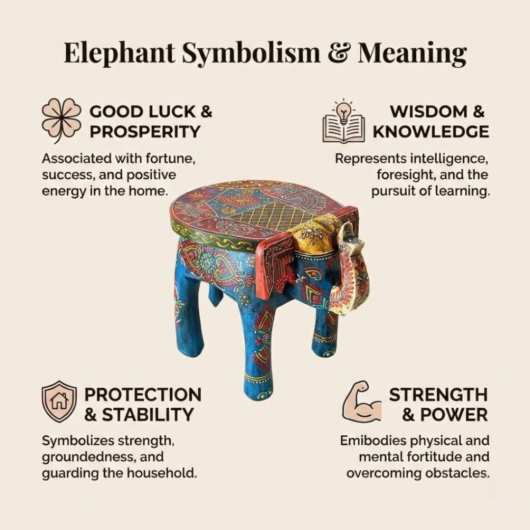 Blue Handpainted Wooden Elephant Stool