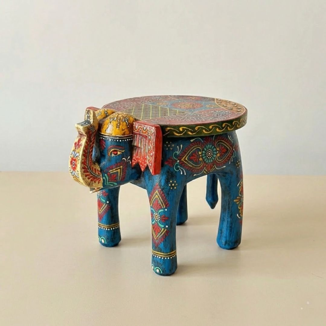 Blue Handpainted Wooden Elephant Stool