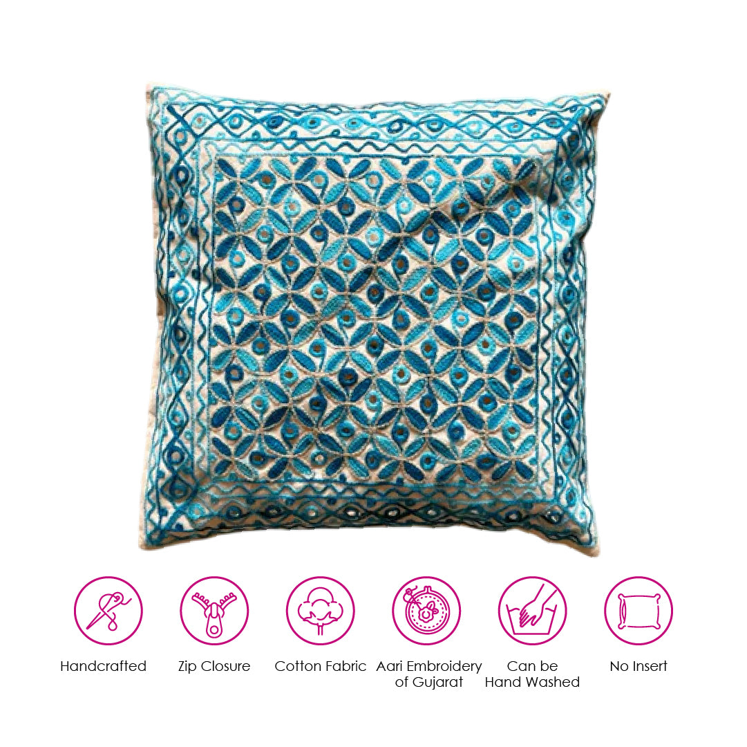 Shades Of Blue Aari Embroidery Cushion Cover (Set of 2)