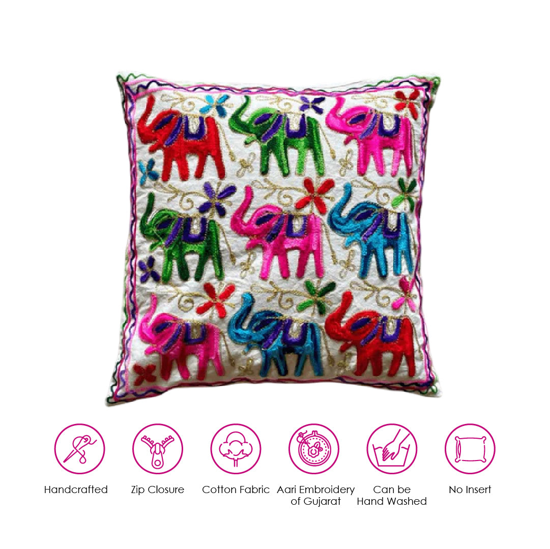 Elephant Aari Embroidery Cushion Cover (Set of 2)