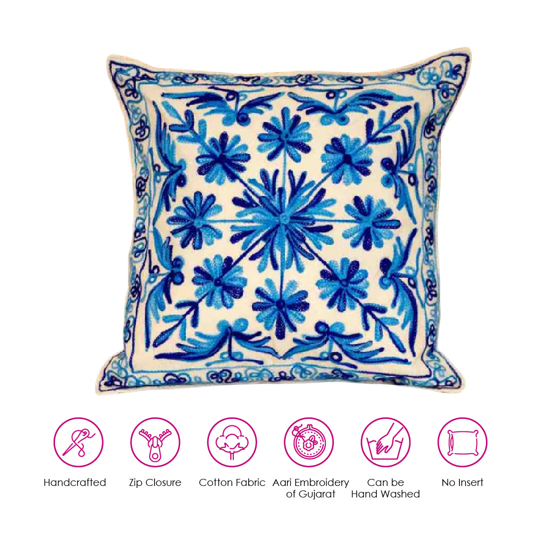 Blue Bliss Aari Embroidery Cushion Cover (Set of 2)