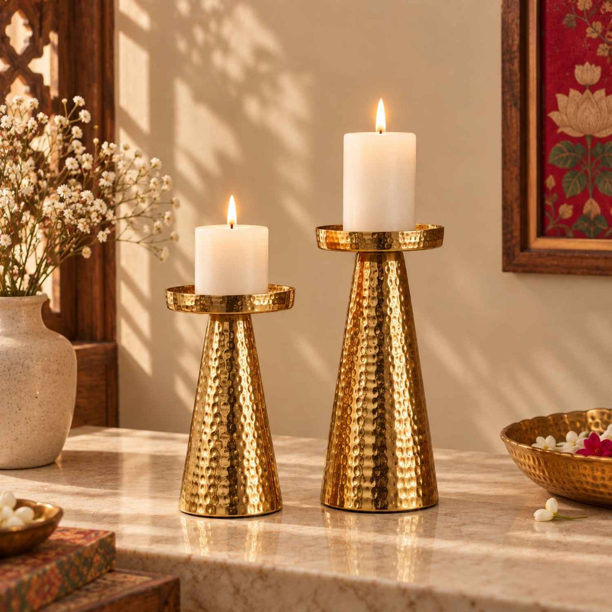 Gold Hammered Candle Holder (Set of 2)