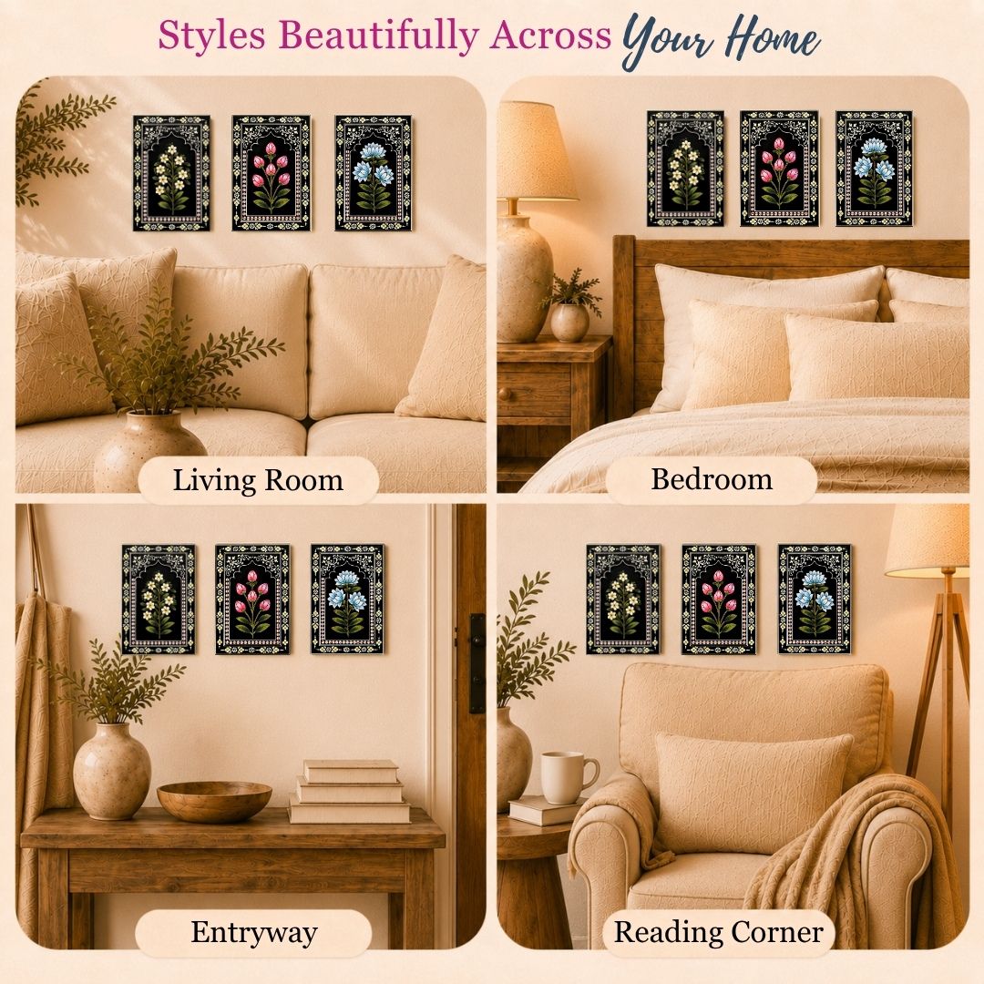 Indigo Bloom Handpainted Wooden Wall Frames (Set Of 3) (12x8 inch)