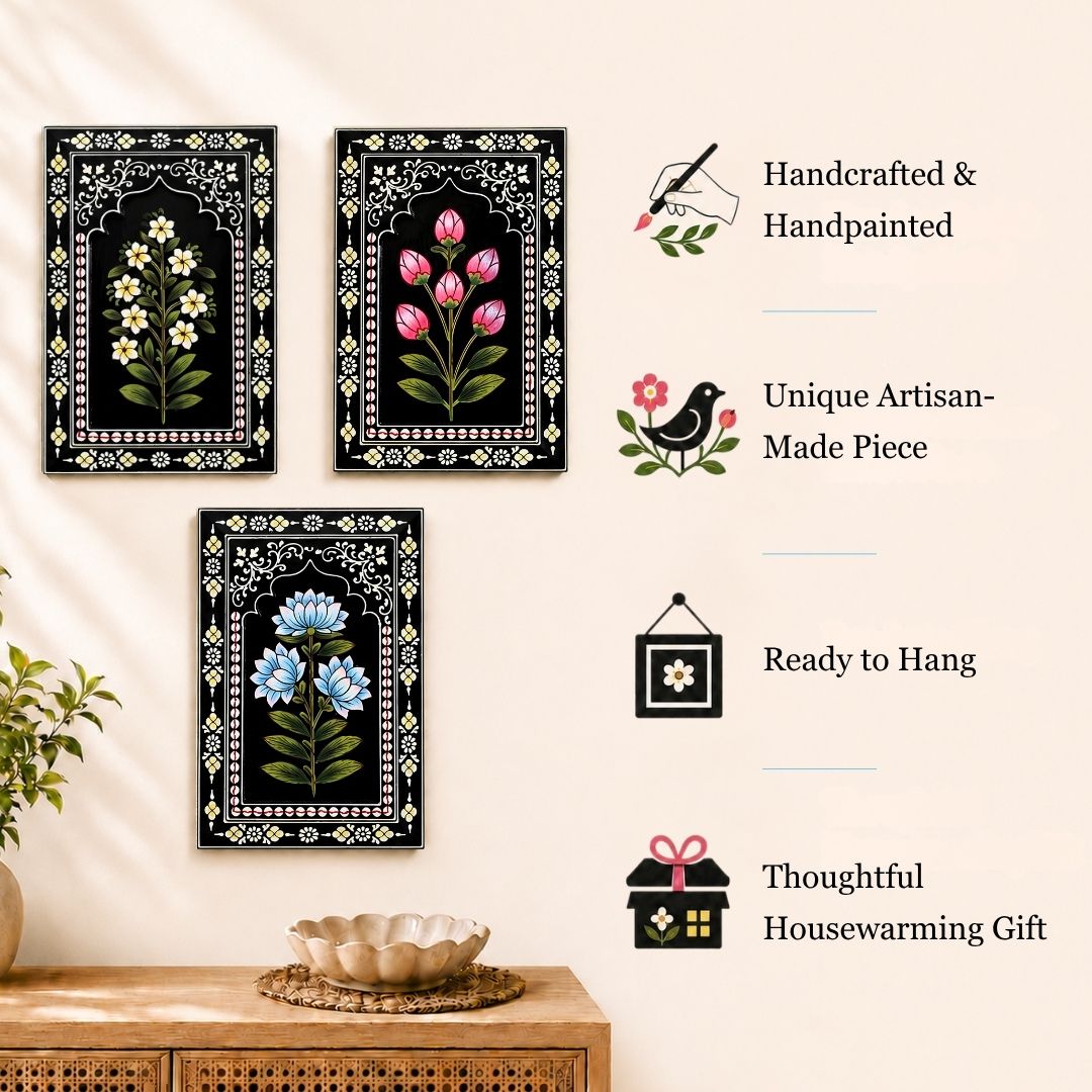 Indigo Bloom Handpainted Wooden Wall Frames (Set Of 3) (12x8 inch)