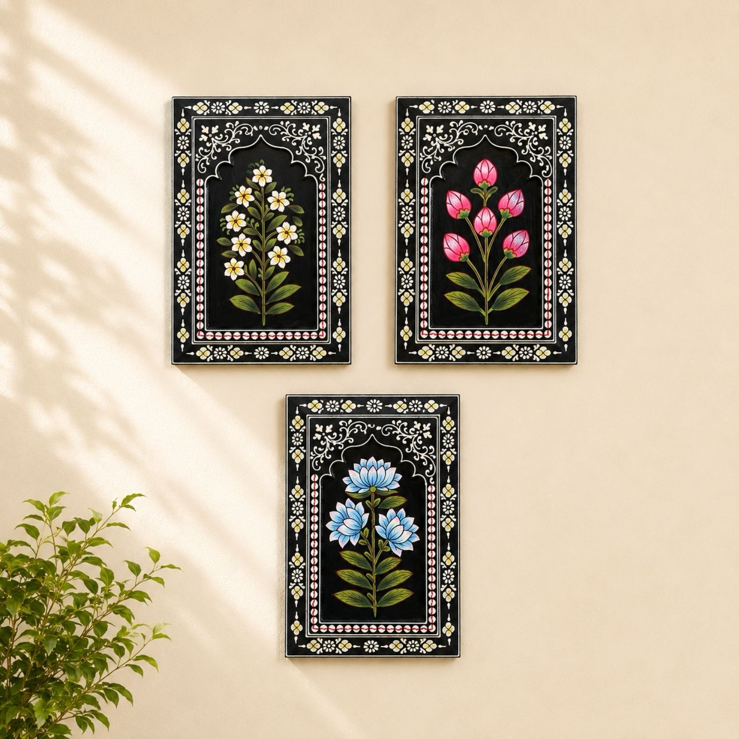 Indigo Bloom handpainted wooden wall frames set of 3 with blue floral artwork