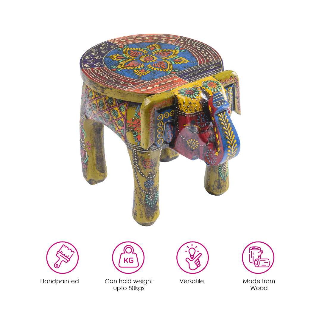 Mehendi Green Handpainted Wooden Elephant Stool