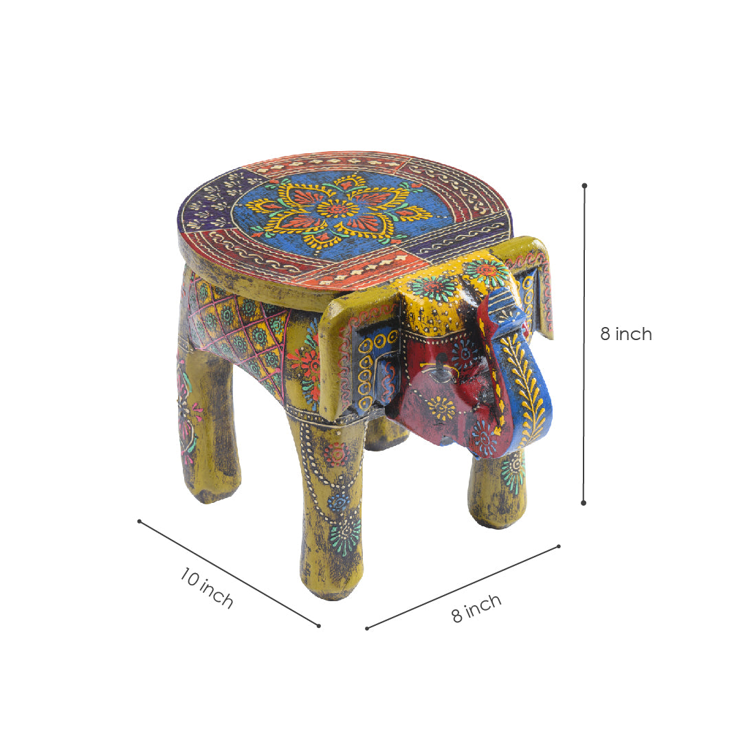 Mehendi Green Handpainted Wooden Elephant Stool