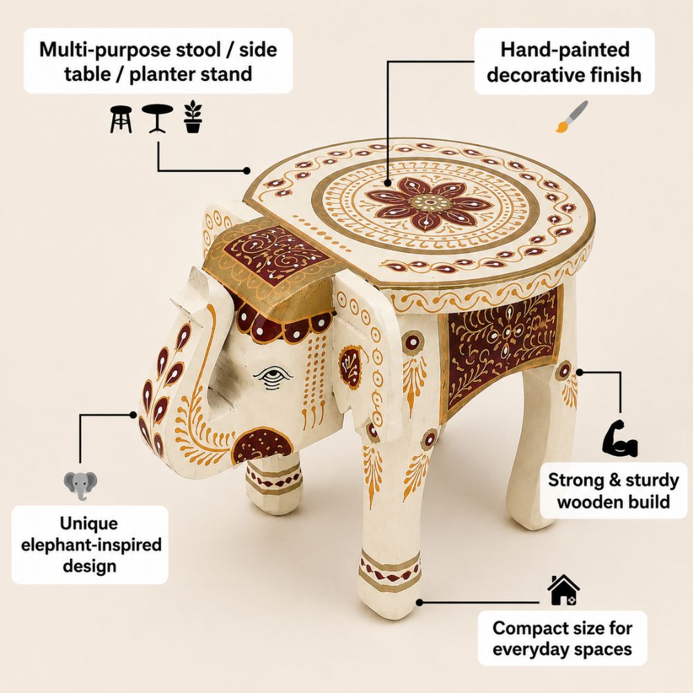 Maroon Royale Handpainted Wooden Elephant Stool