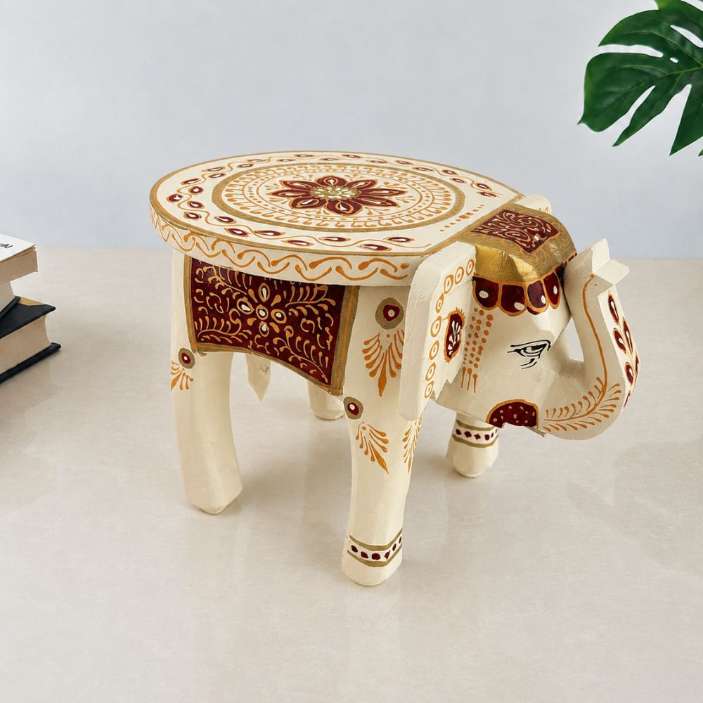 Maroon Royale Handpainted Wooden Elephant Stool