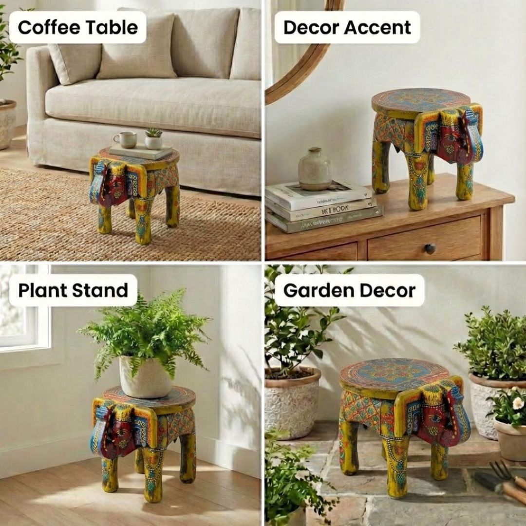 Mehendi Green Handpainted Wooden Elephant Stool