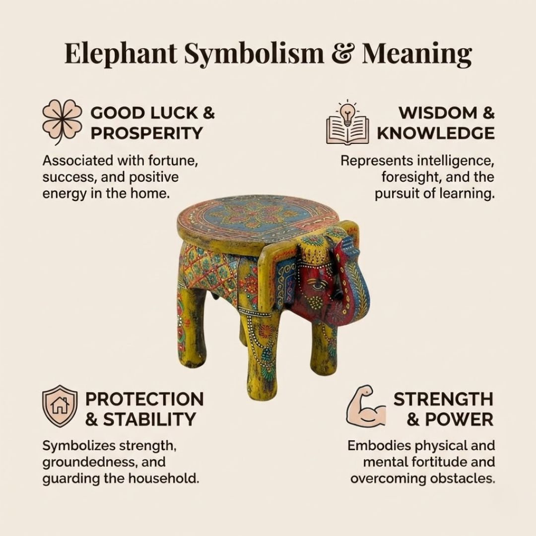 Mehendi Green Handpainted Wooden Elephant Stool