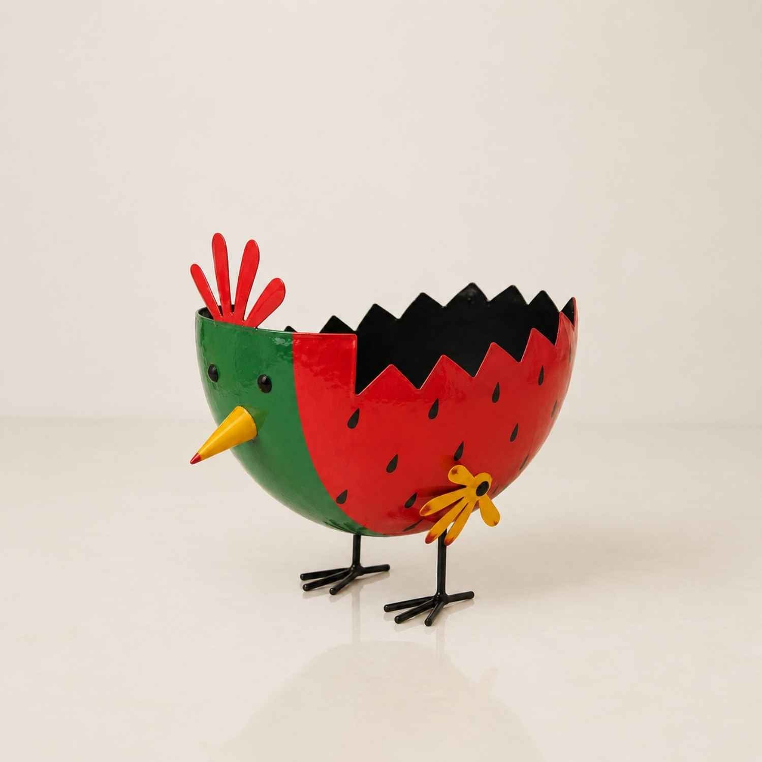 Mr. Melon handpainted metal planter - watermelon bird with green face, red seeded body and yellow flower