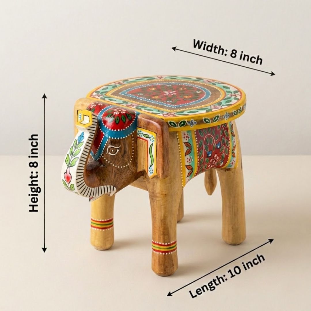 Natural Handpainted Wooden Elephant Stool