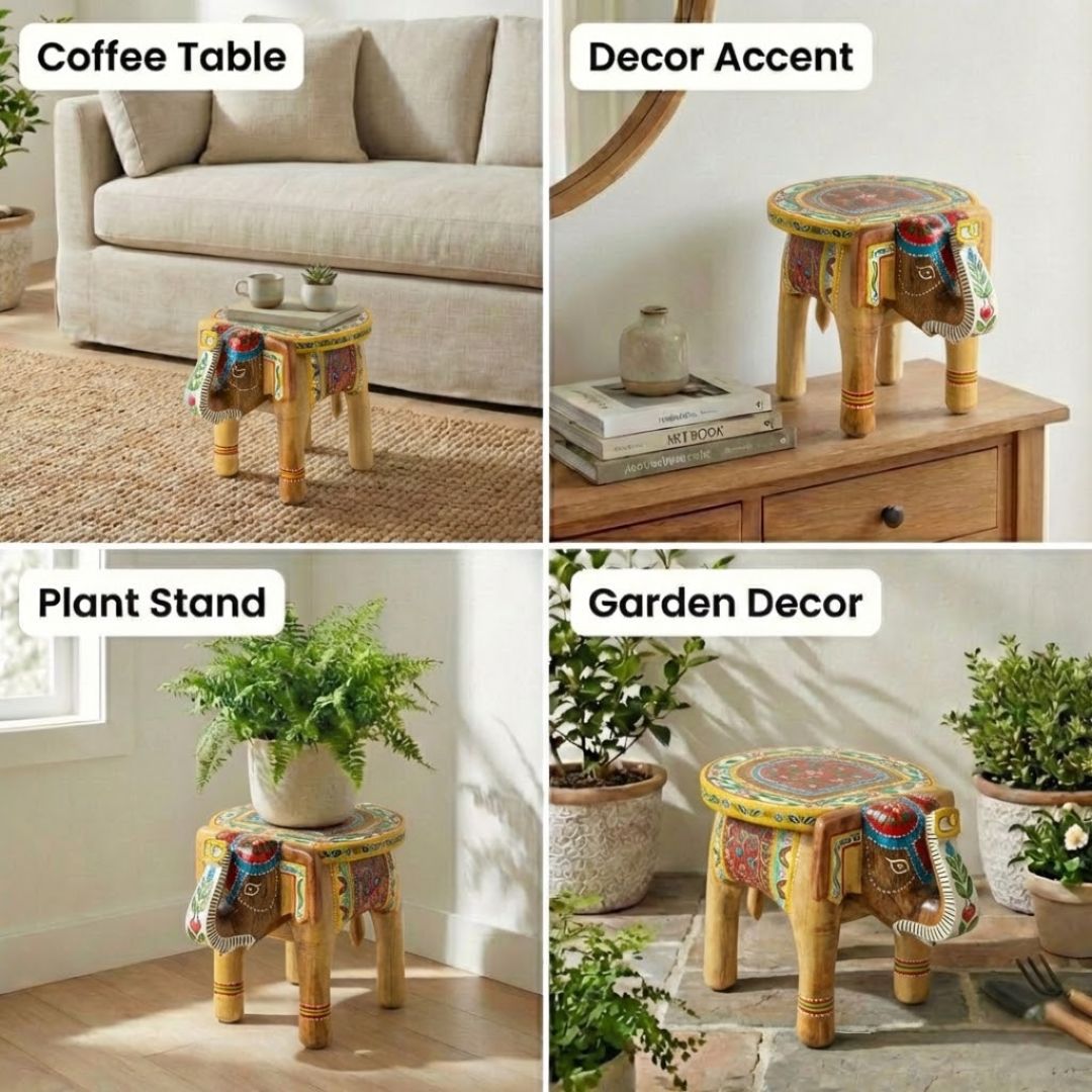 Natural Handpainted Wooden Elephant Stool