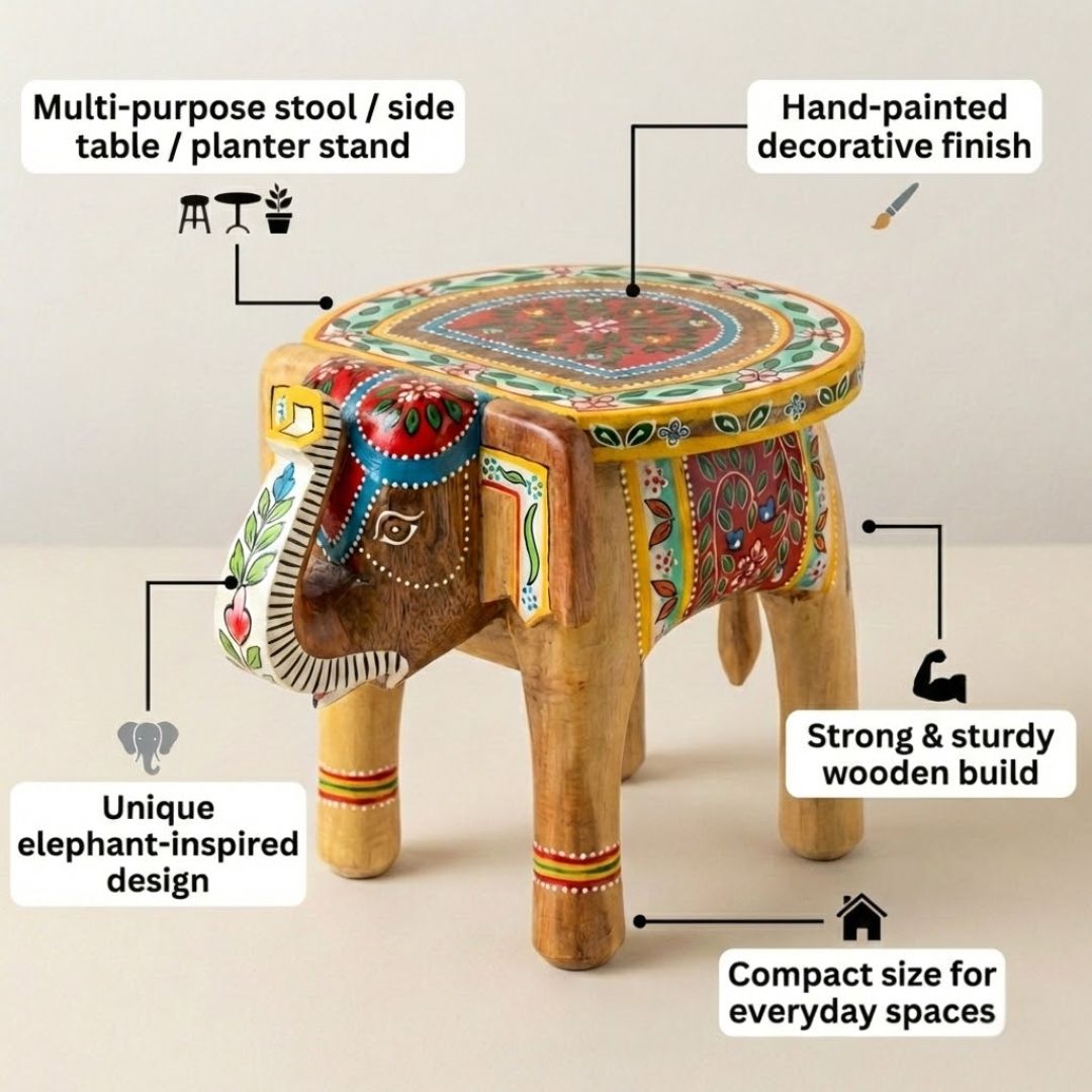 Natural Handpainted Wooden Elephant Stool