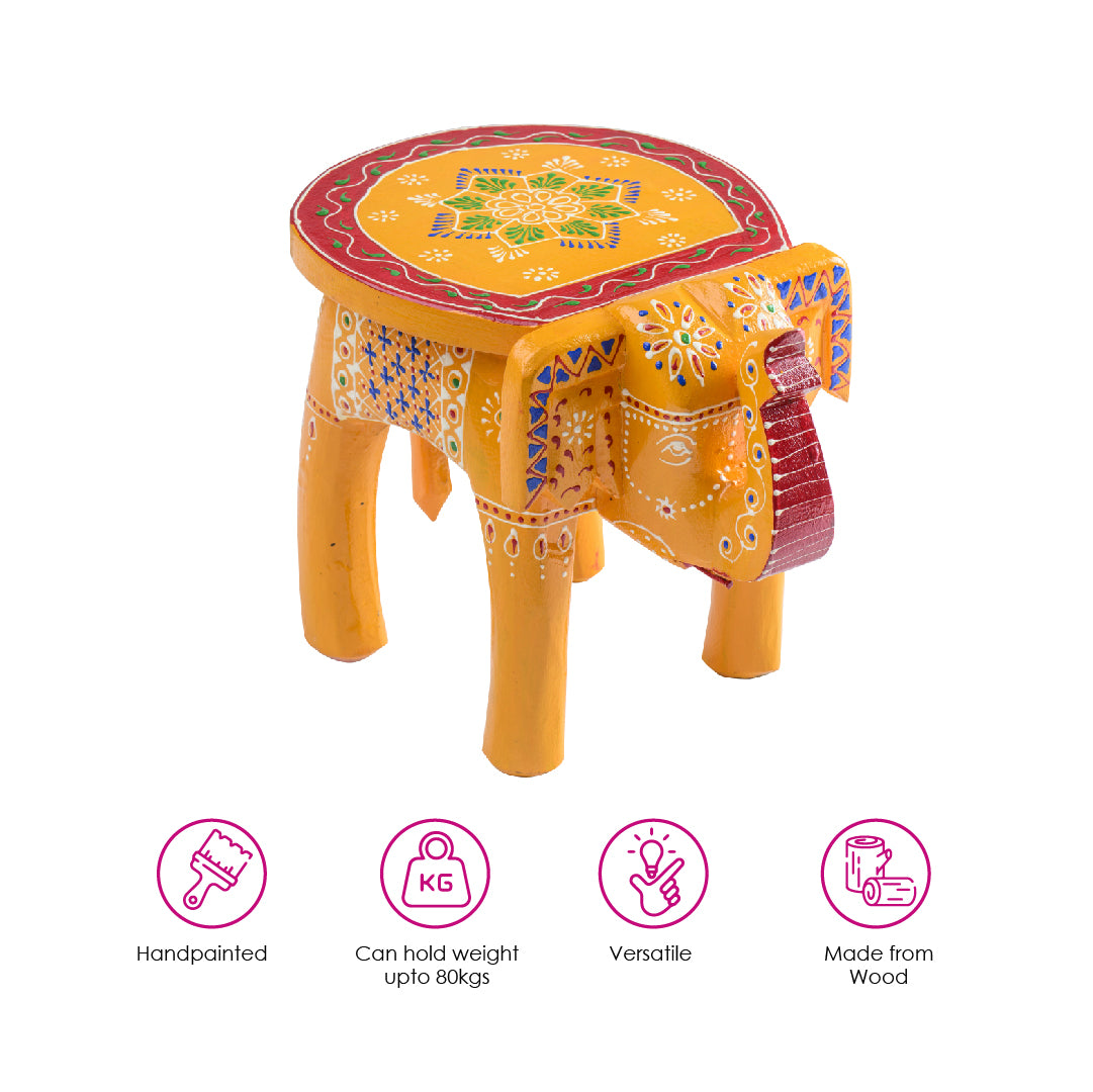 Orange Handpainted Wooden Elephant Stool