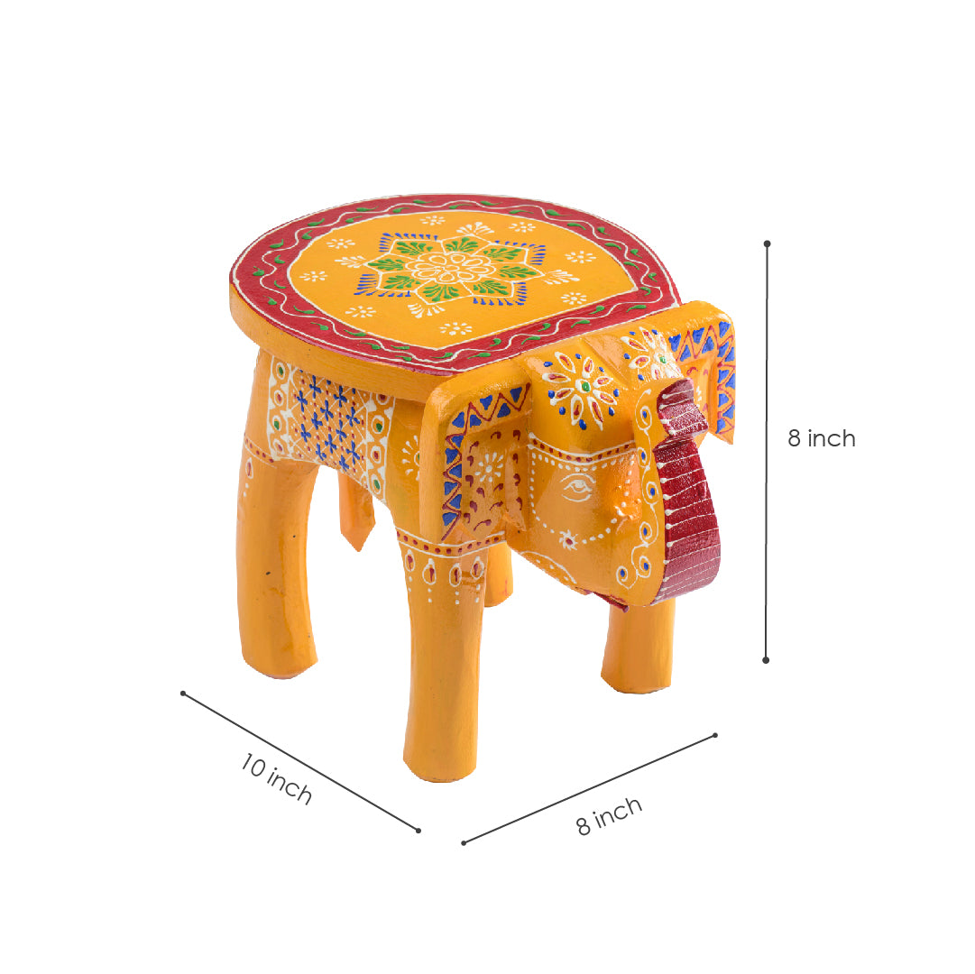 Orange Handpainted Wooden Elephant Stool