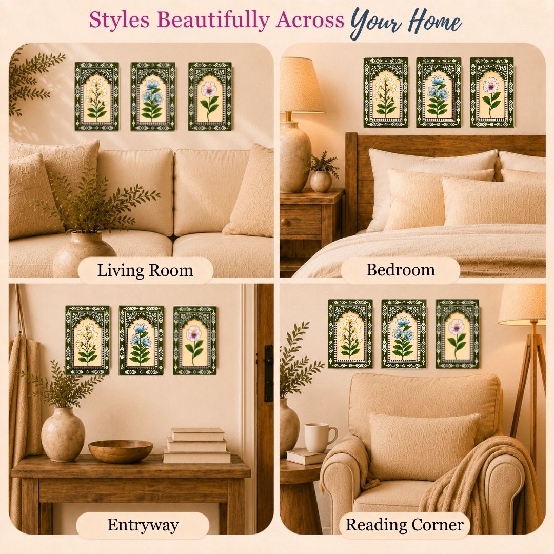 Olive Bloom Handpainted Wooden Wall Frames (Set Of 3) (12x8 inch)