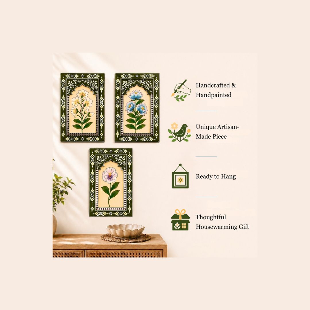 Olive Bloom Handpainted Wooden Wall Frames (Set Of 3) (12x8 inch)