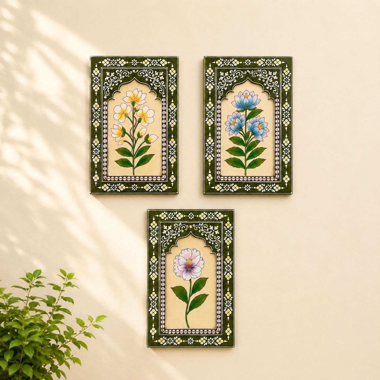 Olive Bloom handpainted wooden wall frames set of 3 with floral artwork