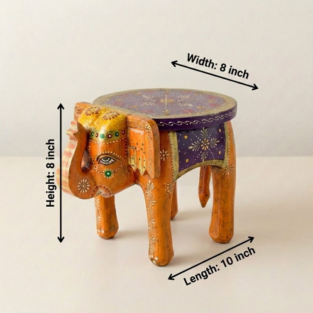 Purple Orange Handpainted Wooden Elephant Stool