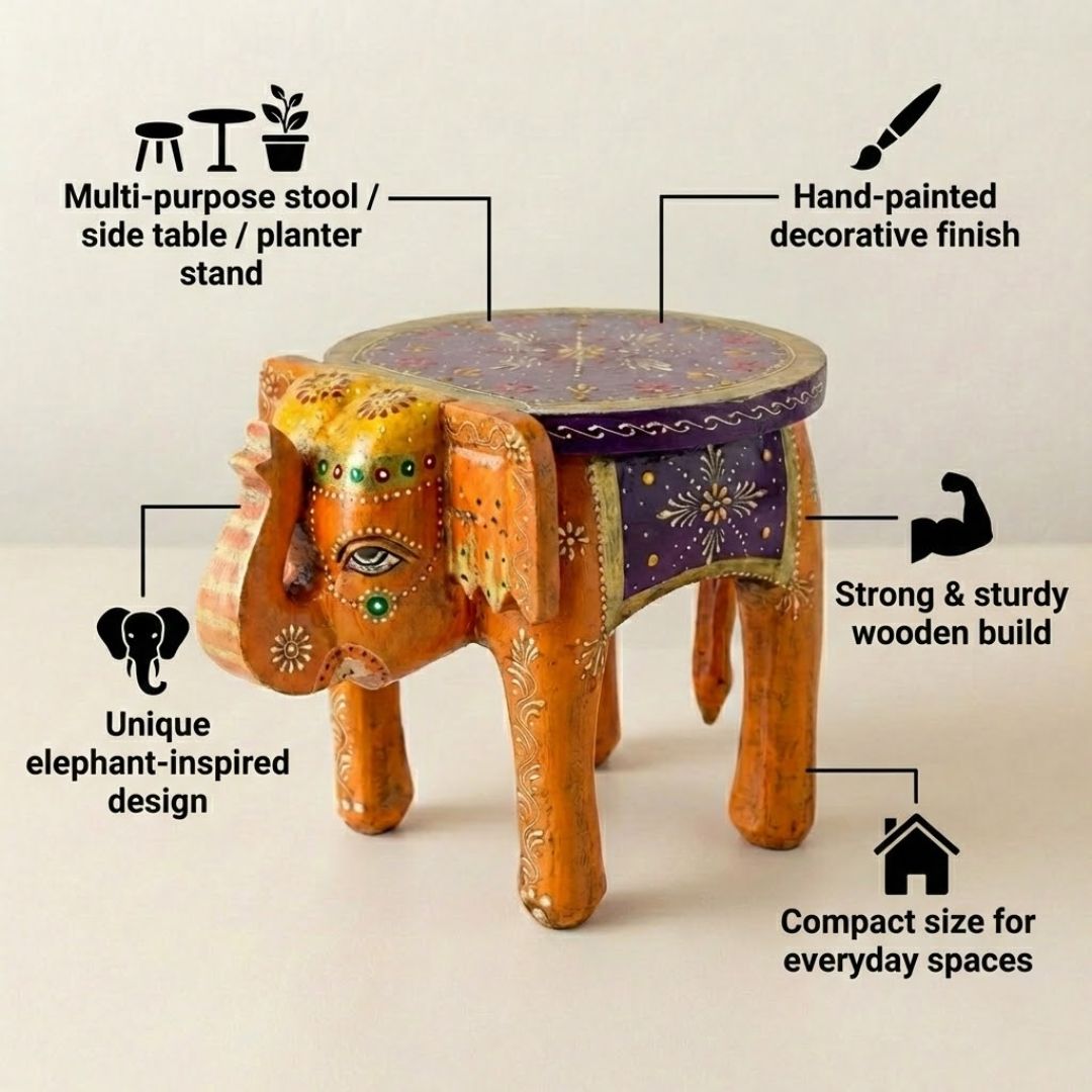Purple Orange Handpainted Wooden Elephant Stool