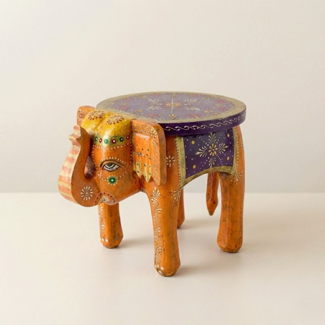 Purple Orange Handpainted Wooden Elephant Stool