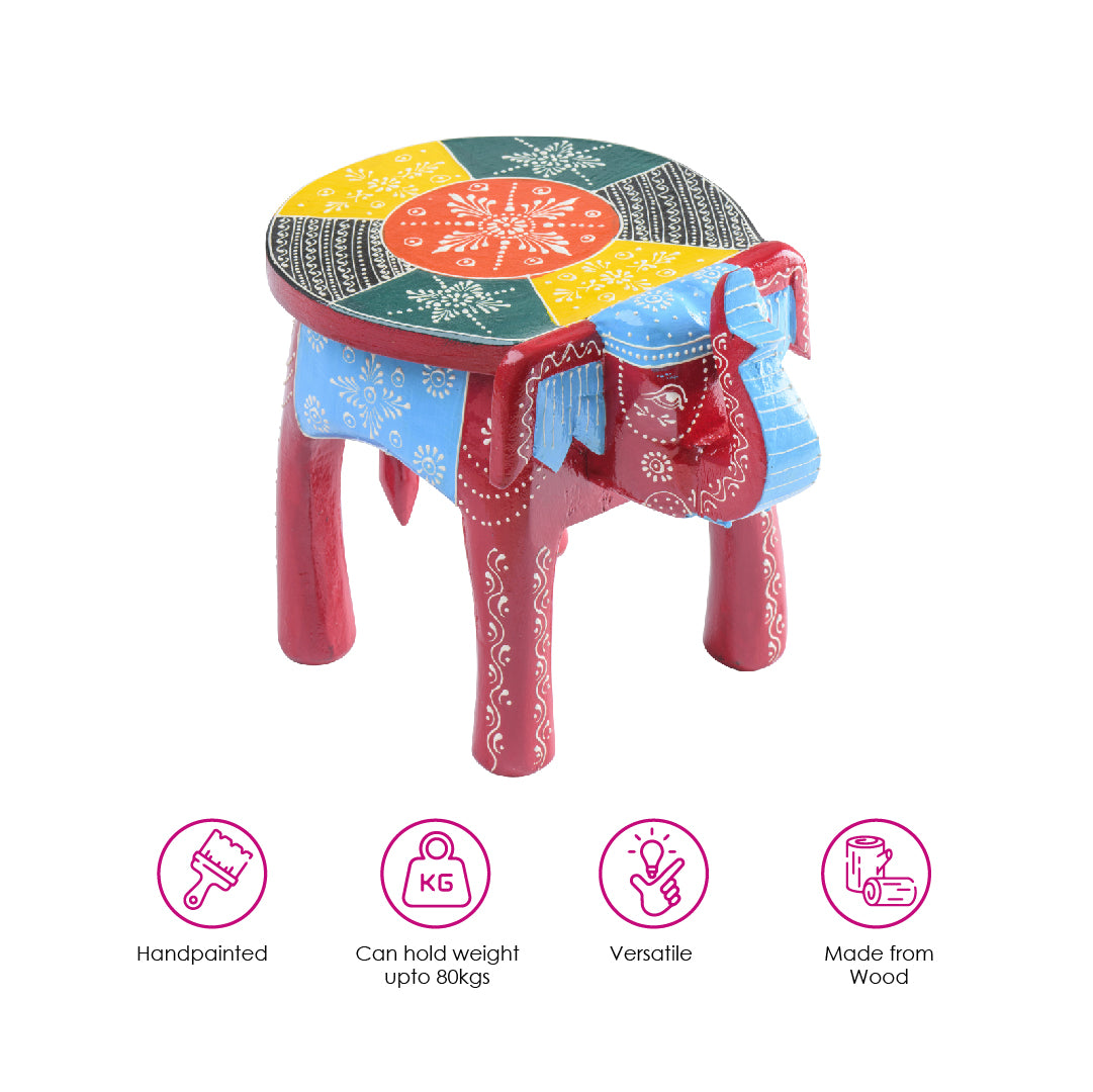 Red Handpainted Wooden Elephant Stool