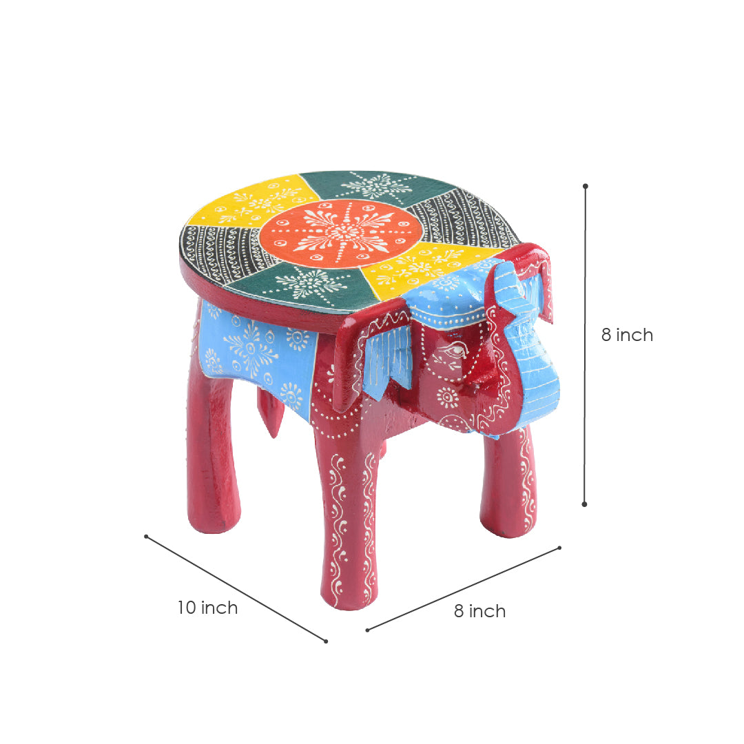 Red Handpainted Wooden Elephant Stool