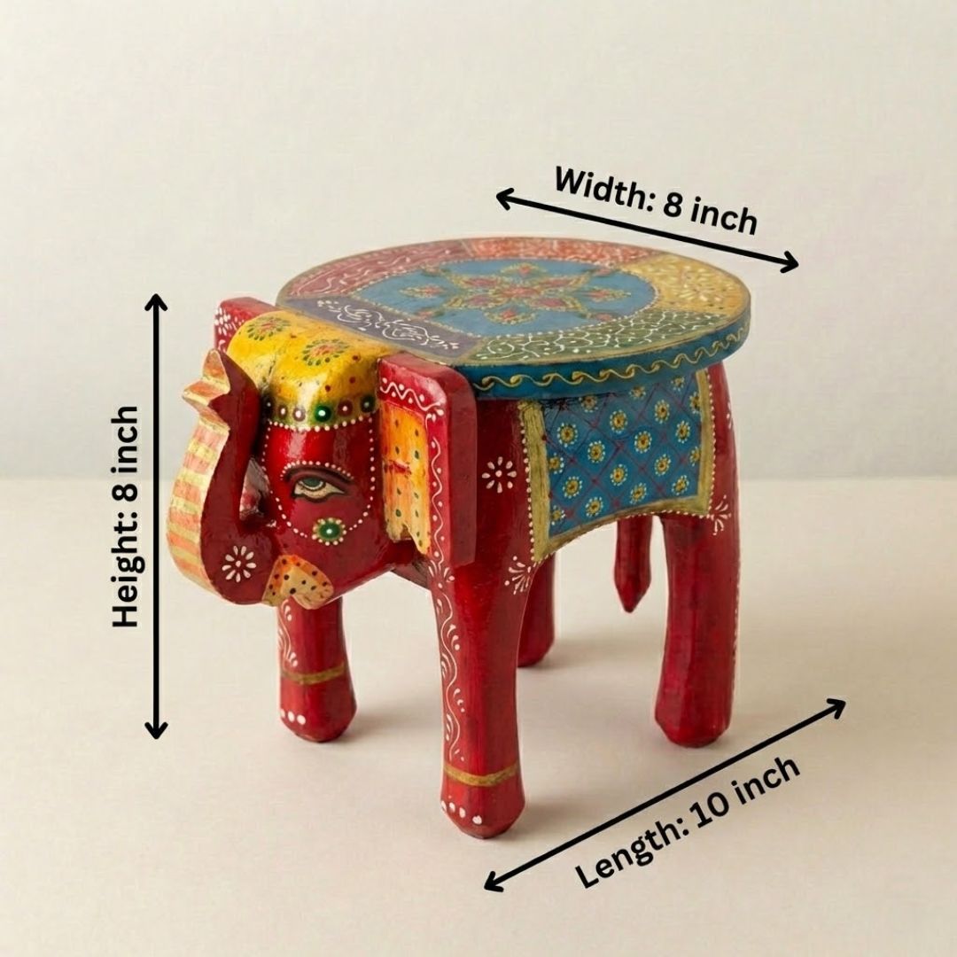 Red Blue Handpainted Wooden Elephant Stool