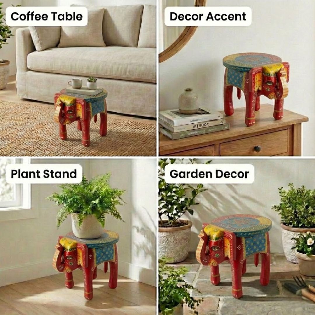 Red Blue Handpainted Wooden Elephant Stool