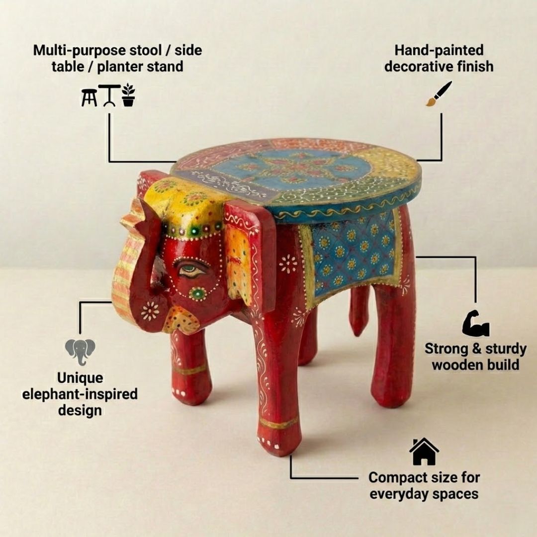 Red Blue Handpainted Wooden Elephant Stool