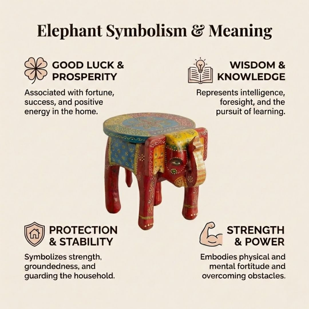 Red Blue Handpainted Wooden Elephant Stool