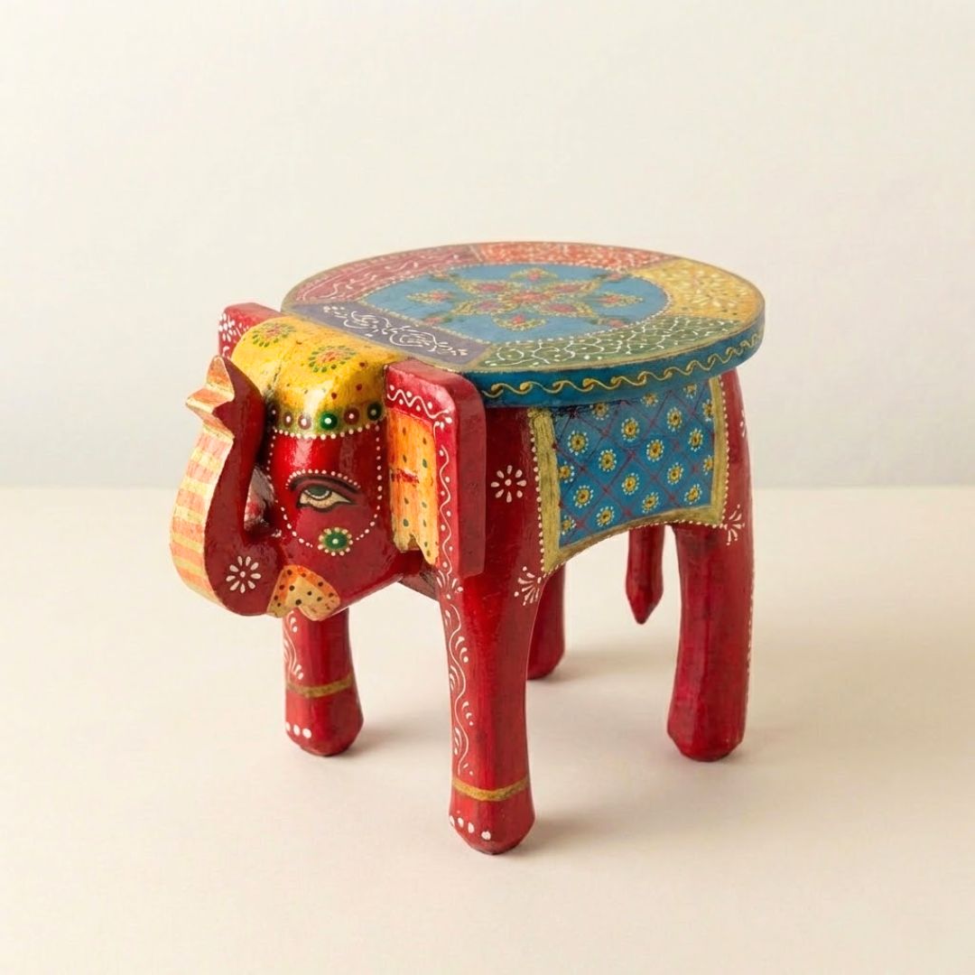 Red Blue Handpainted Wooden Elephant Stool