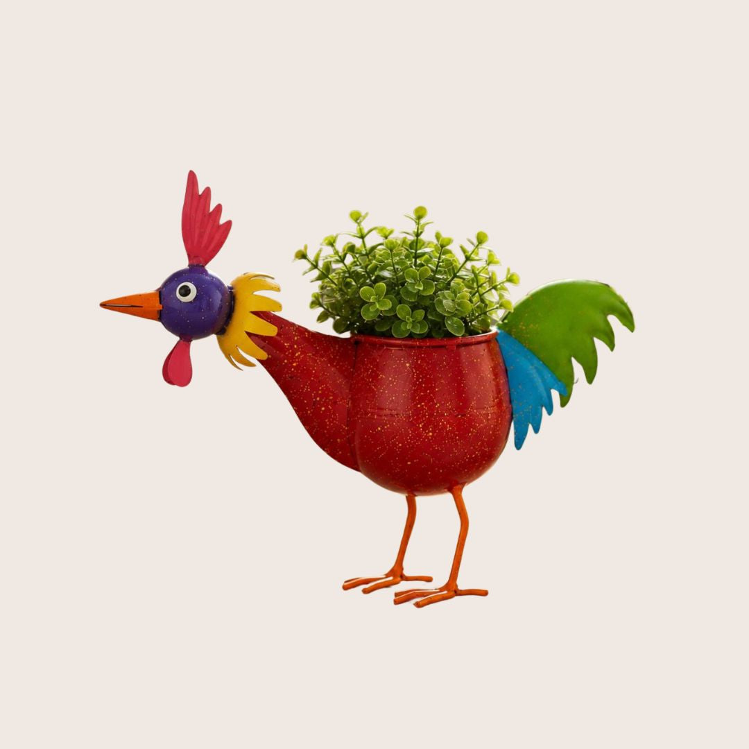 Rooster Bird Handpainted Metal Planter