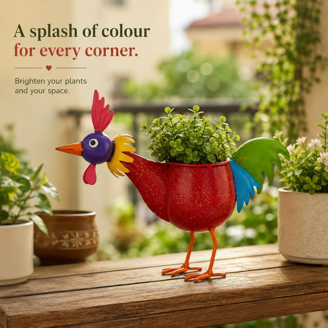 Rooster Bird Handpainted Metal Planter