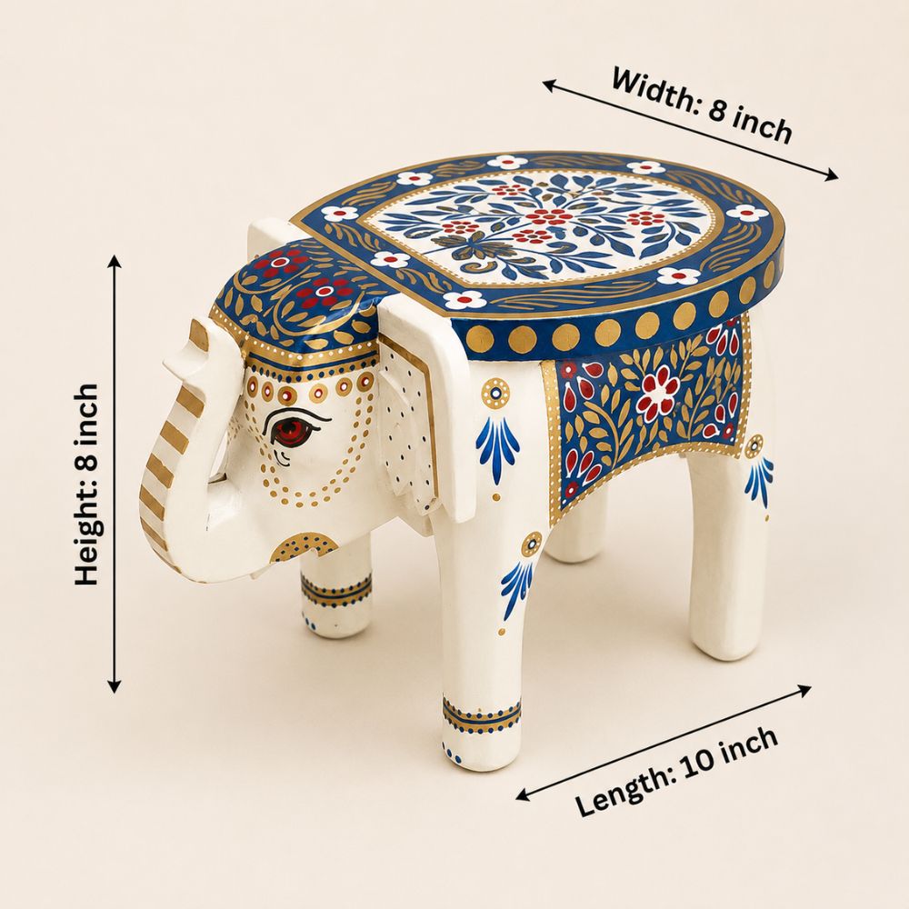 Royal Blue Handpainted Wooden Elephant Stool